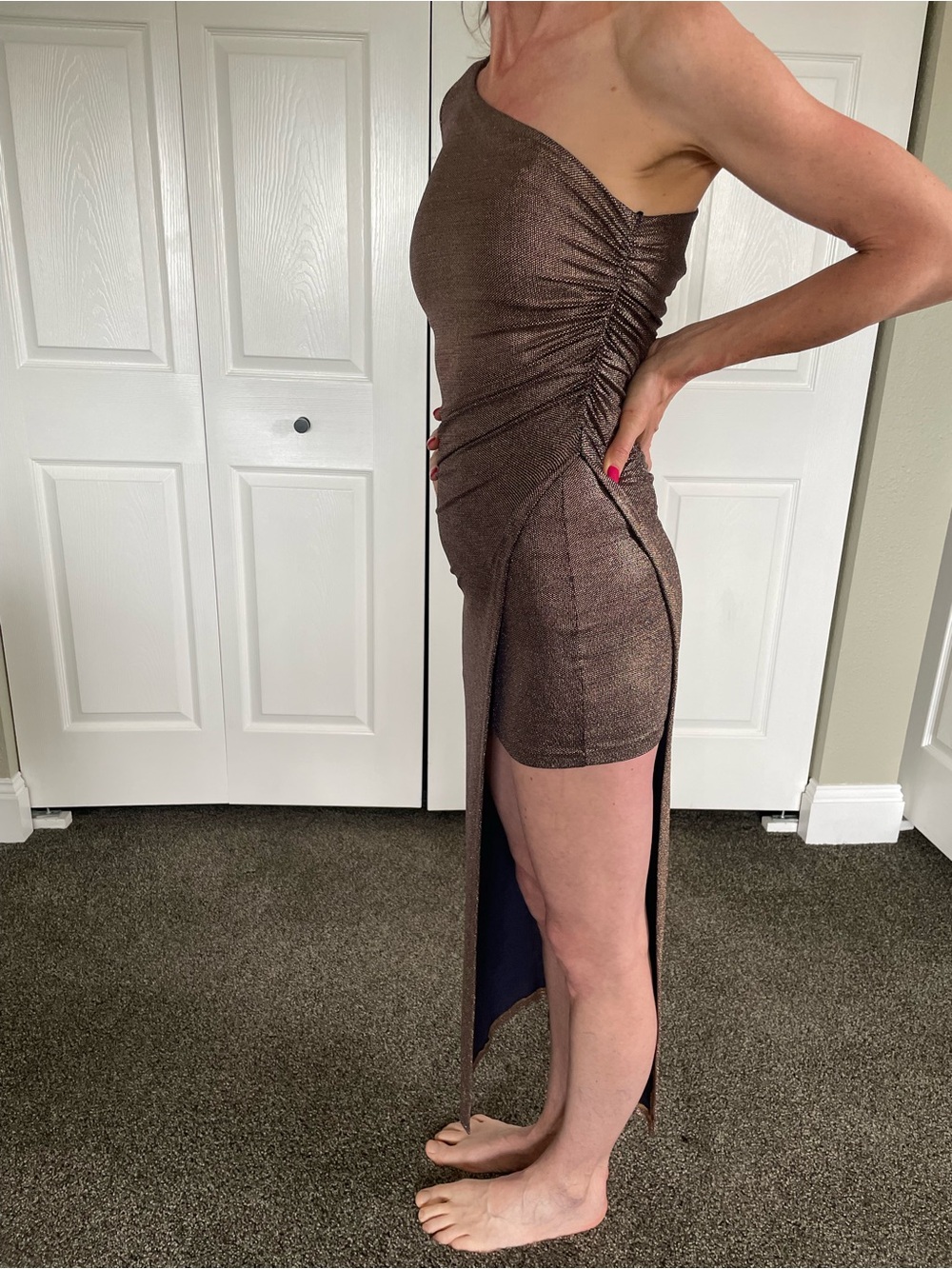 Zara One-Shoulder Metallic Copper Ruched Side-Slit Dress